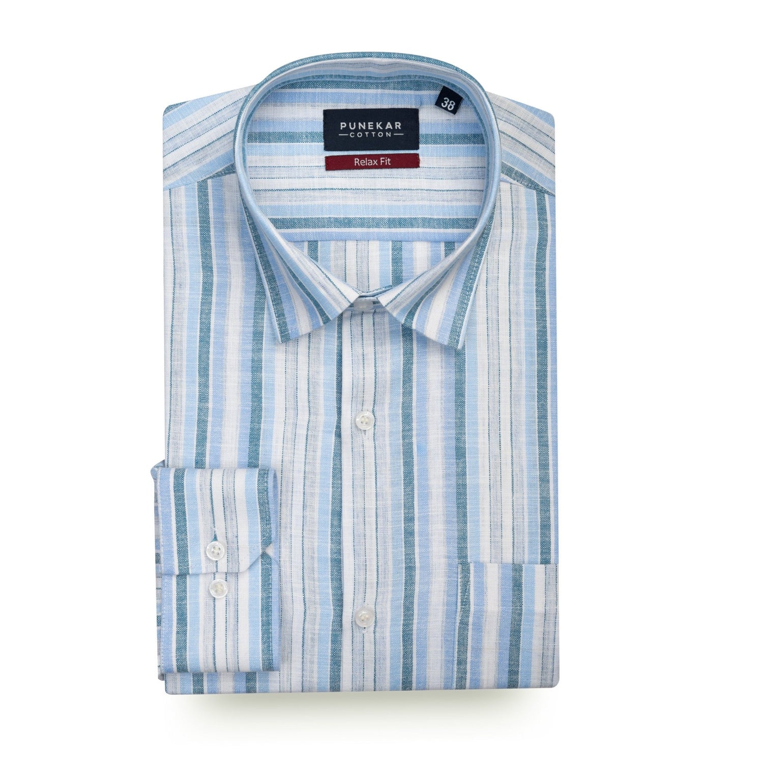 Sky Blue &amp; White Striped Blend Cotton Shirt for Men - Punekar Cotton