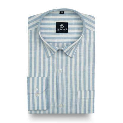 Sky Blue Vertical Stripes Cotton Linen Shirt for Men