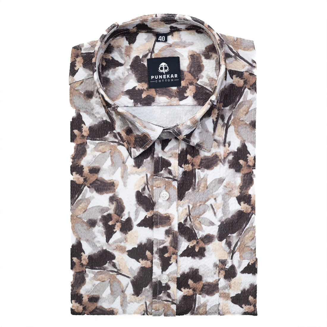 White Color Leaf Printed Popcorn Shirt For Men - Punekar Cotton