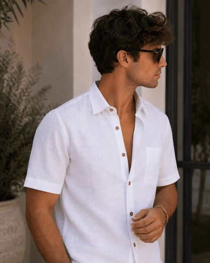 White Color Linen Formal Half Sleeves Shirt For Men - Punekar Cotton