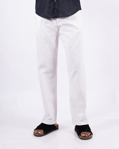 White Everyday Cotton Linen Straight-Fit Pants for Men - Punekar Cotton