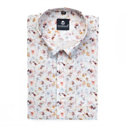 White Flower Palette Printed Wool Cotton Shirt For Men - Punekar Cotton