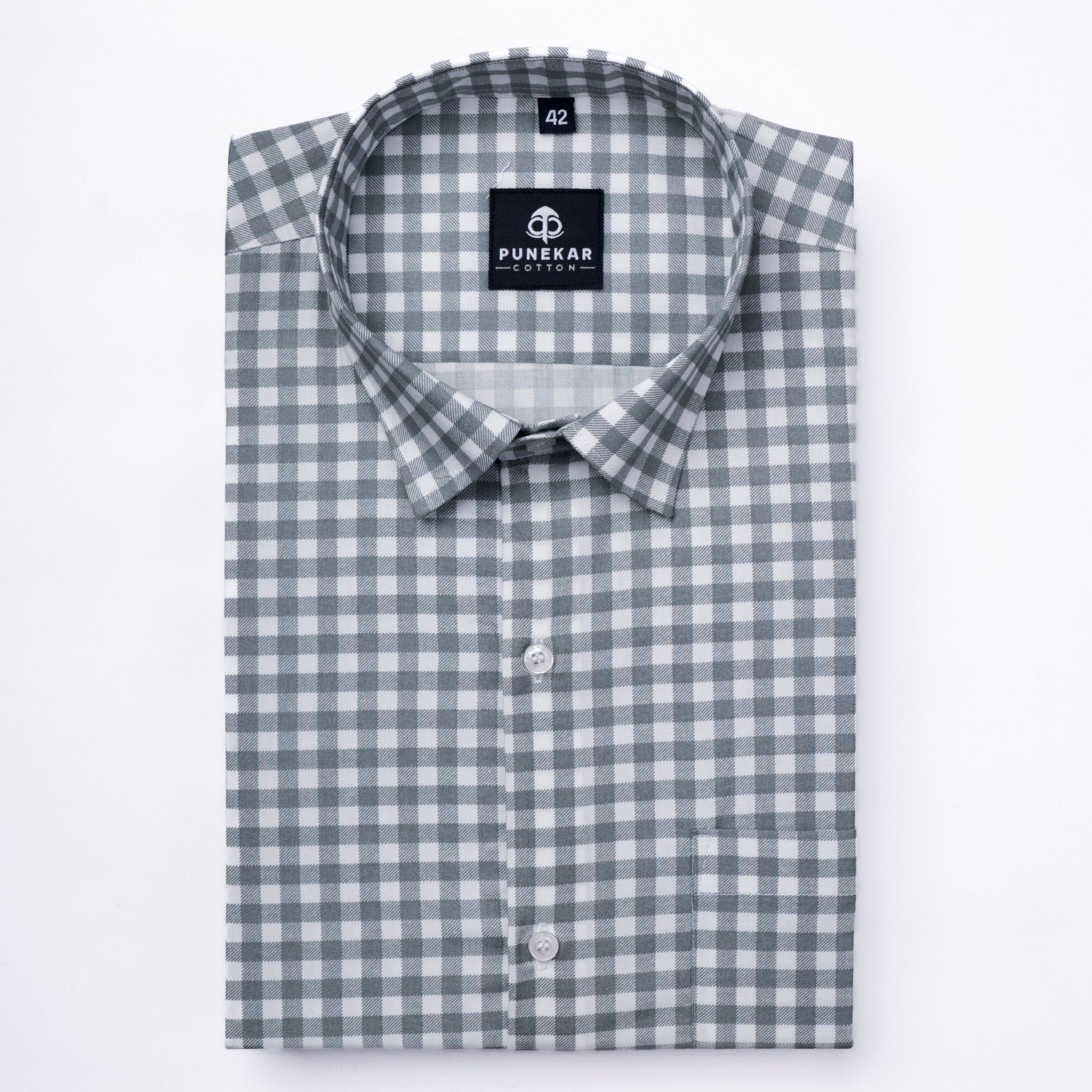 White Grey Color Buffalo Checks Cotton Shirt For Men - Punekar Cotton