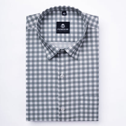 White Grey Color Buffalo Checks Cotton Shirt For Men - Punekar Cotton