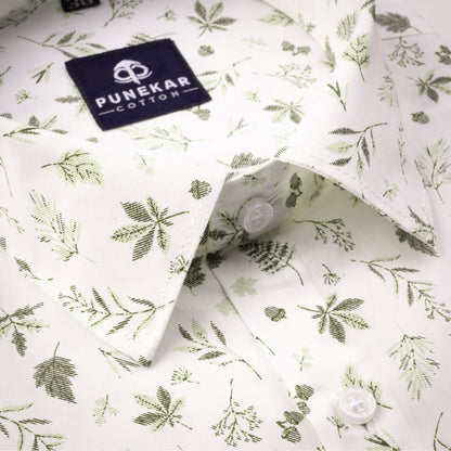 White Mehndi Color Floral Leaf printed Shirt For Men - Punekar Cotton