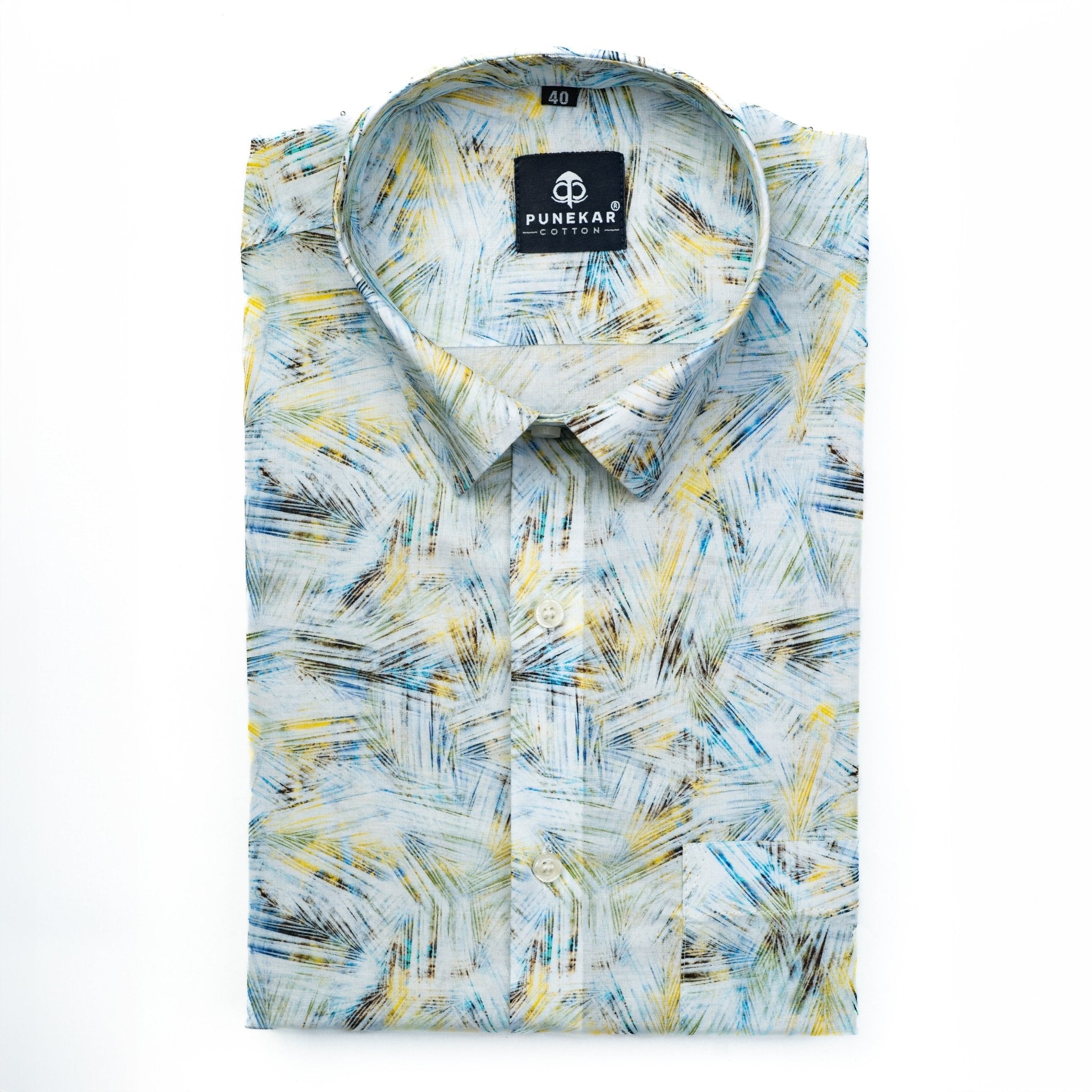 White Yellow Printed Wool Cotton Shirt For Men - Punekar Cotton