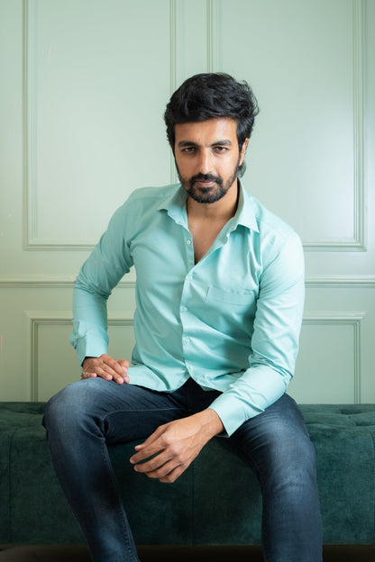 Aqua Green Color Twitter Lining Blende Cotton Shirts For Men - Punekar Cotton