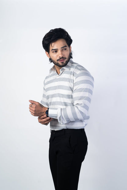 Grey Color Cotton Stripe Shirt For Men - Punekar Cotton