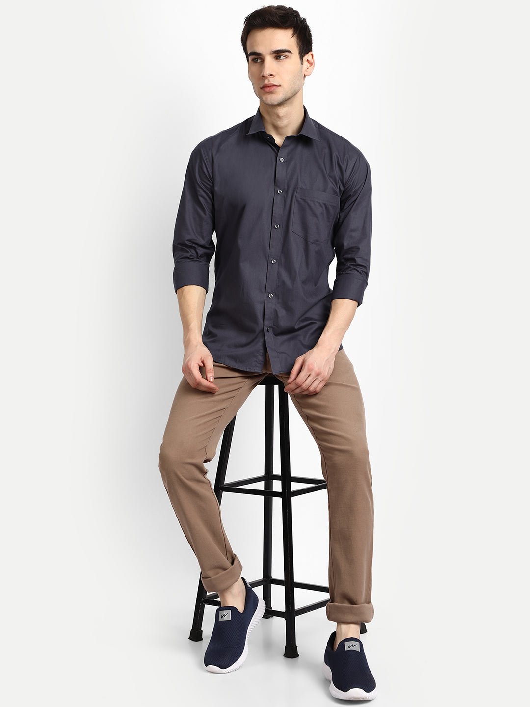 Punekar Cotton Carbon Color 100% Mercerised Cotton Diagonally Woven Formal Shirt for Men&